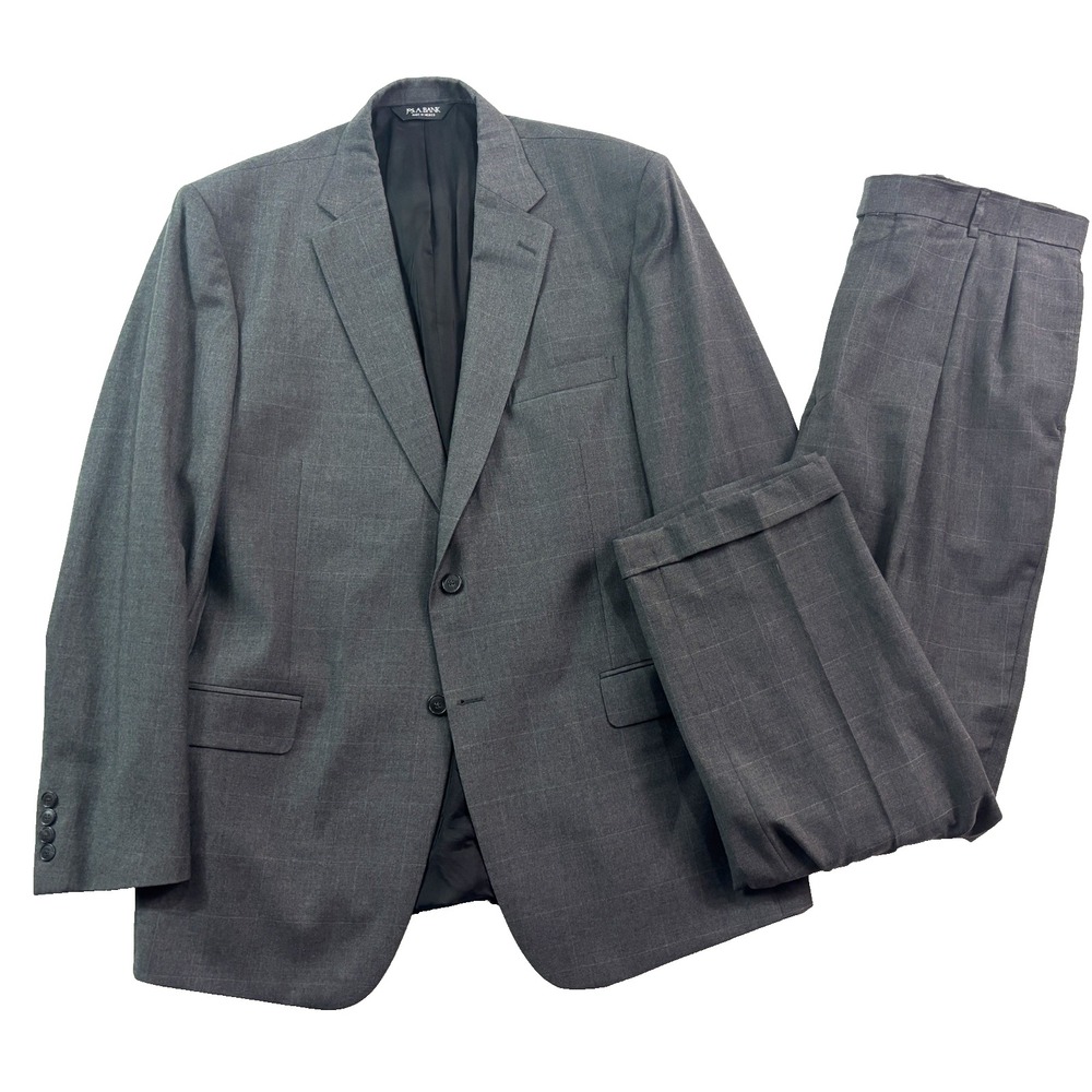 Jos A Bank 44L 37x32 Gray Windowpane 2pc Pant Suit Wool Travlers Collection